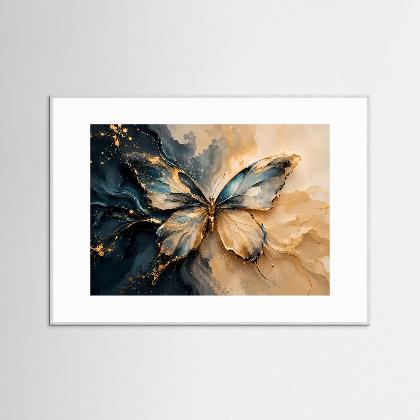 Eleganter Schmetterling in Blau & Gold | Abstrakte Kunst in Creme & Petrol
