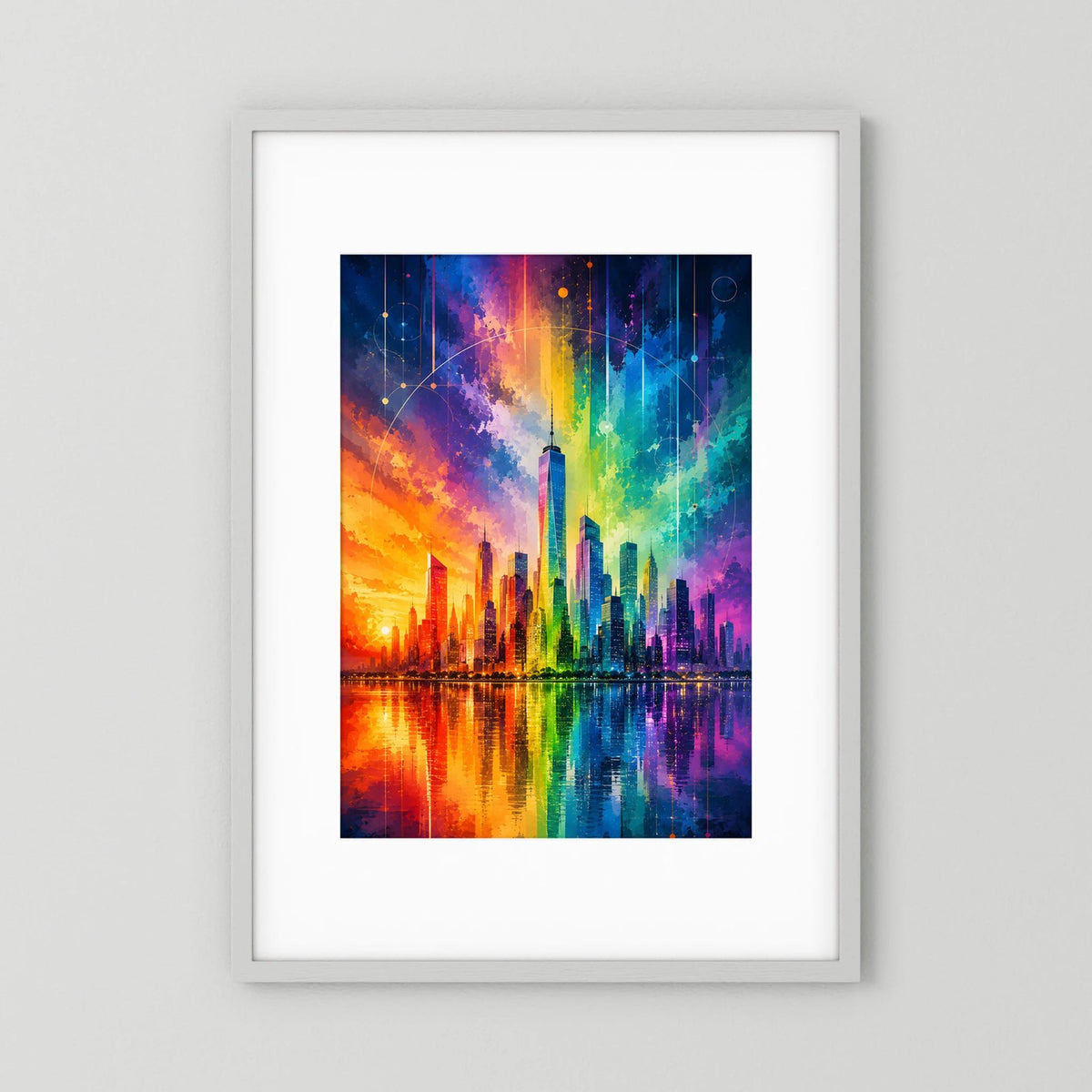 Gerahmtes Hochformat-Stadtposter mit abstrakter Skyline in Regenbogenfarben