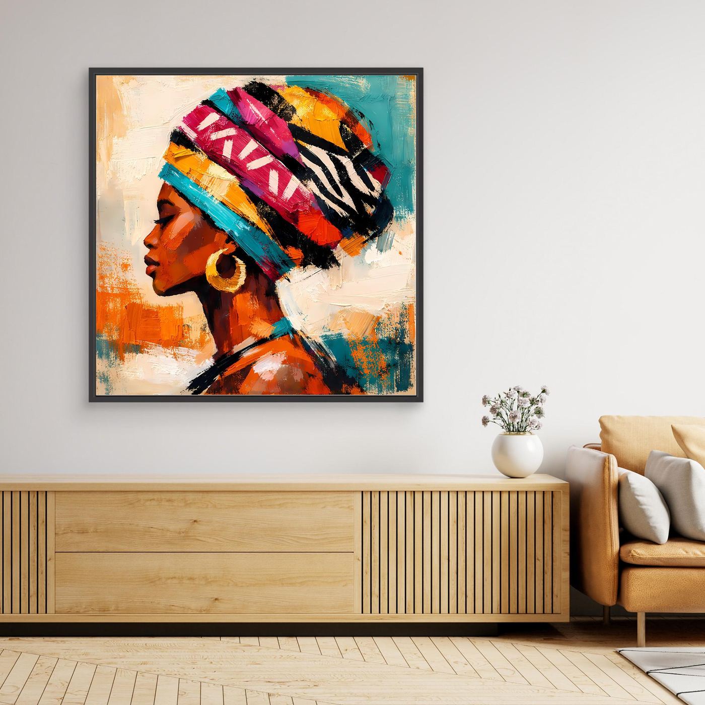 Leinwand Afrikanische Schönheit mit Kopftuch | Abstraktes Modern Art Porträt Wandbild