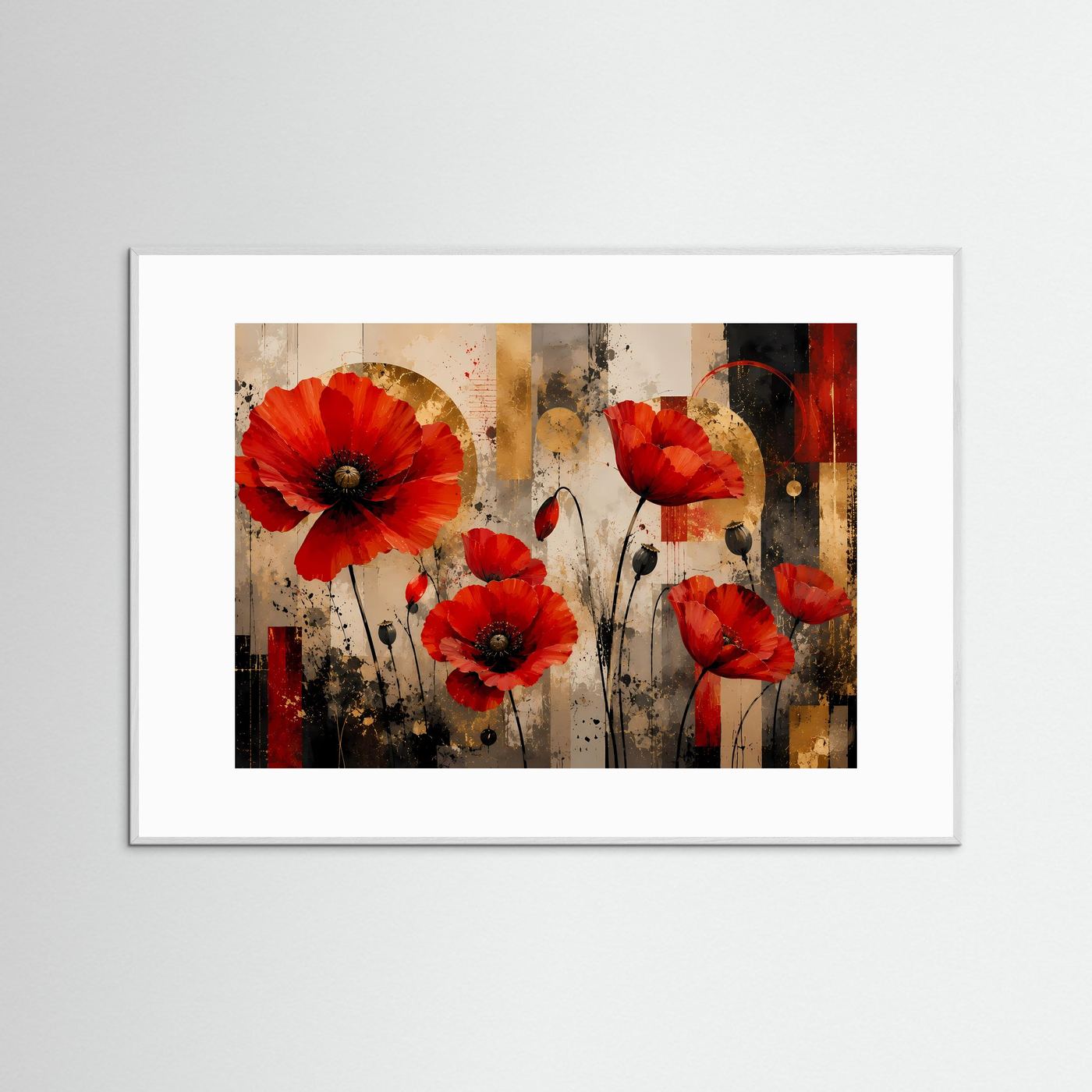 Leuchtende Mohnblumen in Rot & Gold | Abstrakte Blumen Kunst & Wandbild