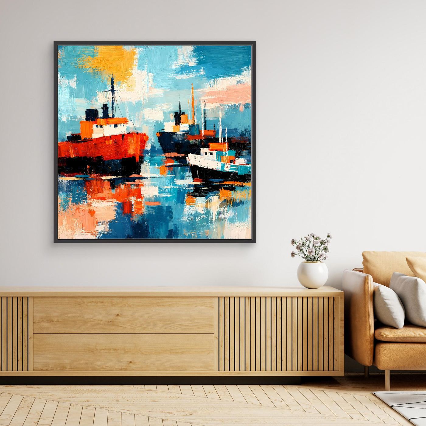 Abstraktes Hafen-Wandbild mit Schiffen in Blau- und Orange-Tönen, mit Rahmen