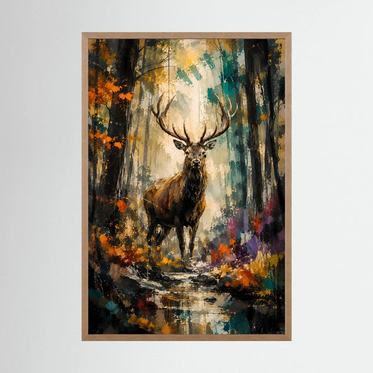 Hochformat-Poster mit Hirschmotiv im abstrakten Wald, im hellen Holzrahmen