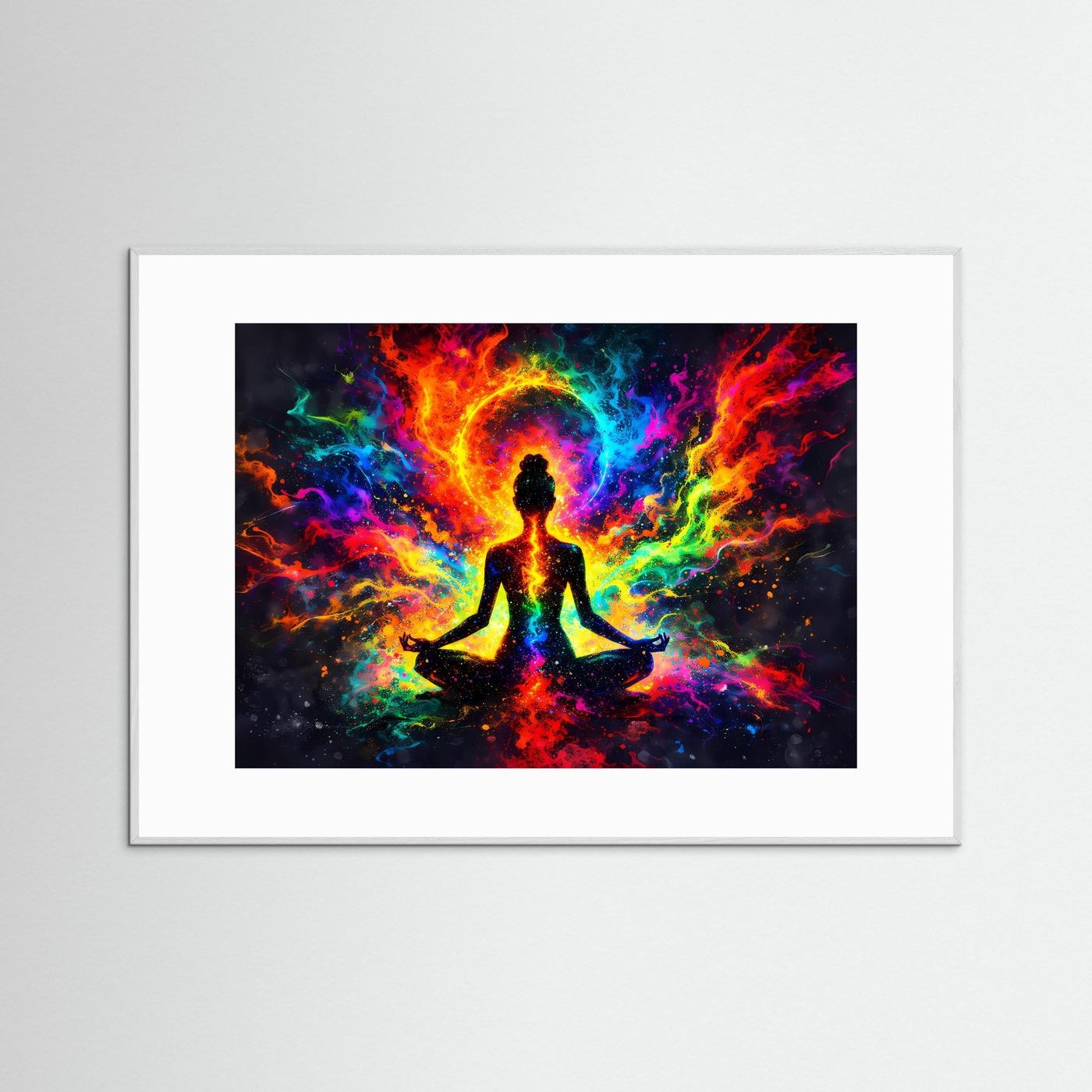 Meditationsposter im weißen Rahmen mit sitzender Person, umgeben von farbigem Energieraum