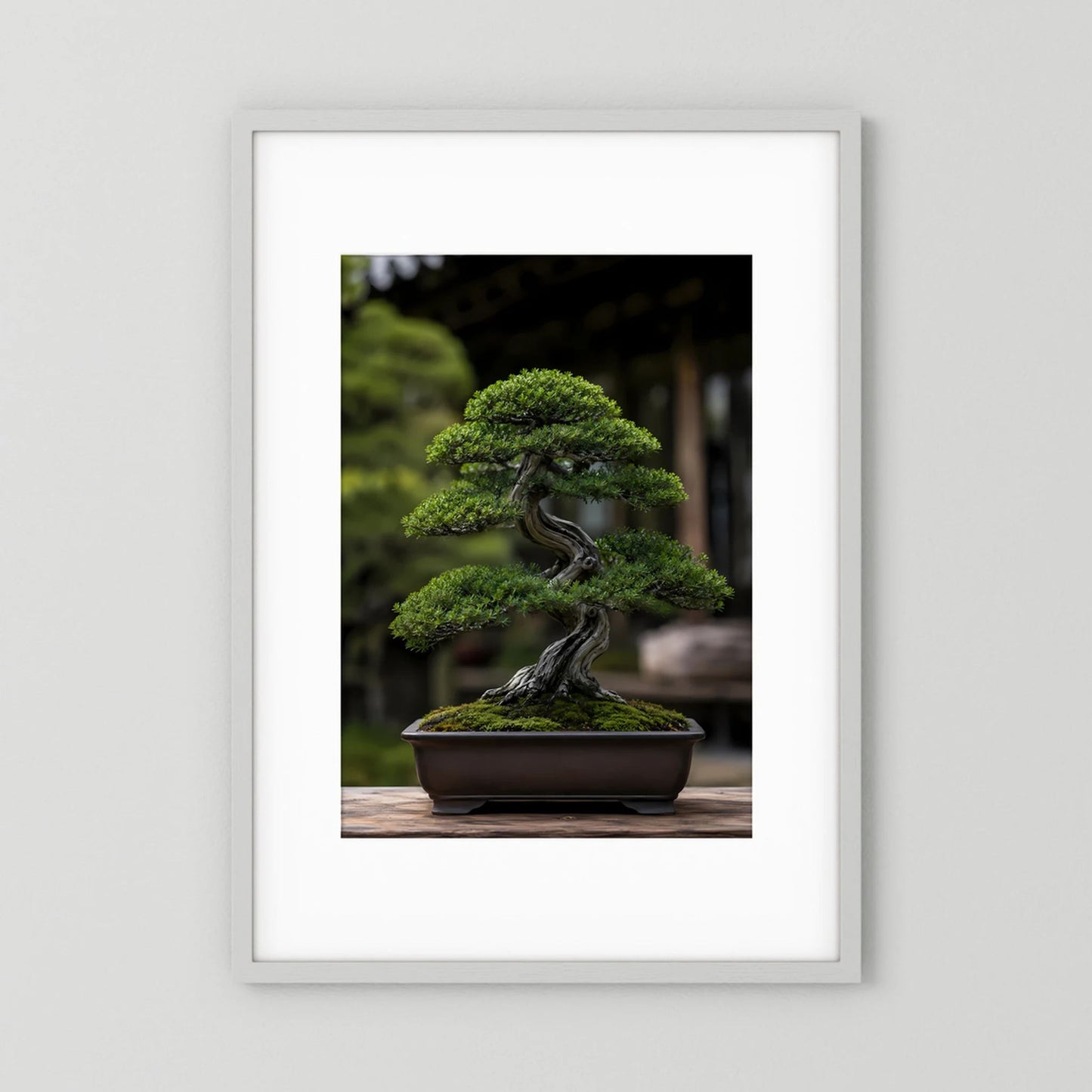 Bonsai-Baum Poster im Hochformat: grünes Miniaturbäumchen in dunkler Schale