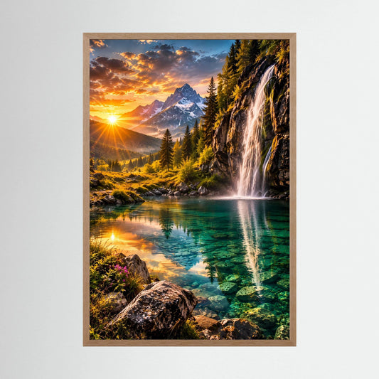 Hochformat-Poster im hellen Holzrahmen mit Bergsee und Wasserfall bei Sonnenuntergang