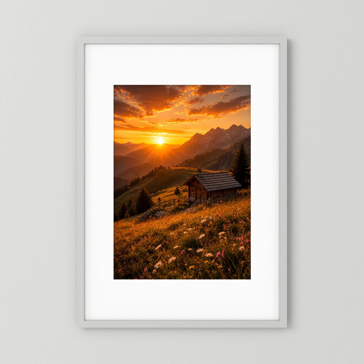 Hochformatiges Poster mit Berghütte und Sonnenuntergang über den Bergen