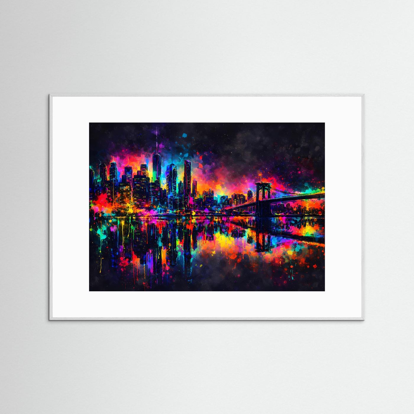 Wandbild Skyline bei Nacht in Neonfarben, grauer Holzrahmen und weißer Rand