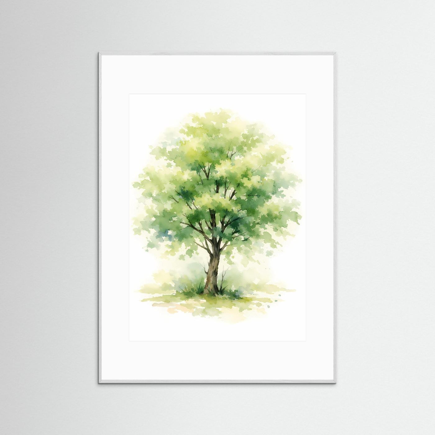 Aquarell-Poster mit Lebensbaum, grüner Baum in Wasserfarben, silbergrauer Rahmen