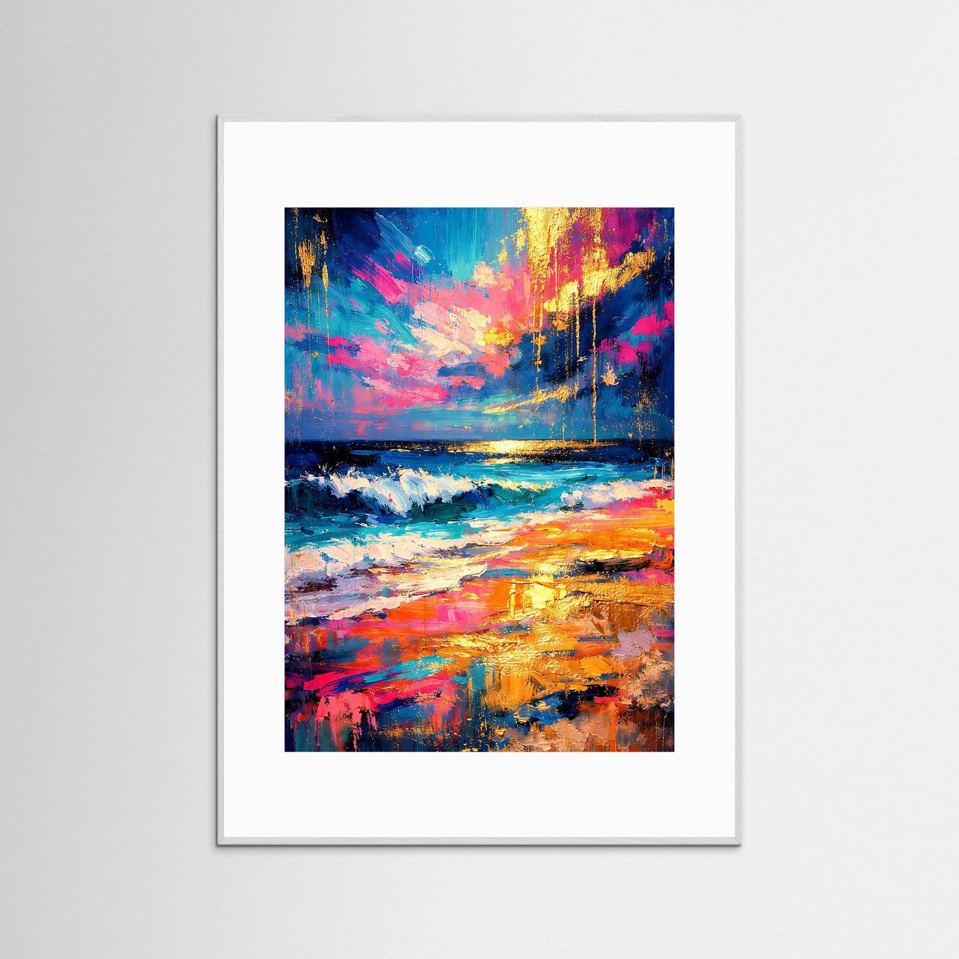 Poster mit abstraktem Ozeanbild, türkis, pink und gold, grauer Holzrahmen
