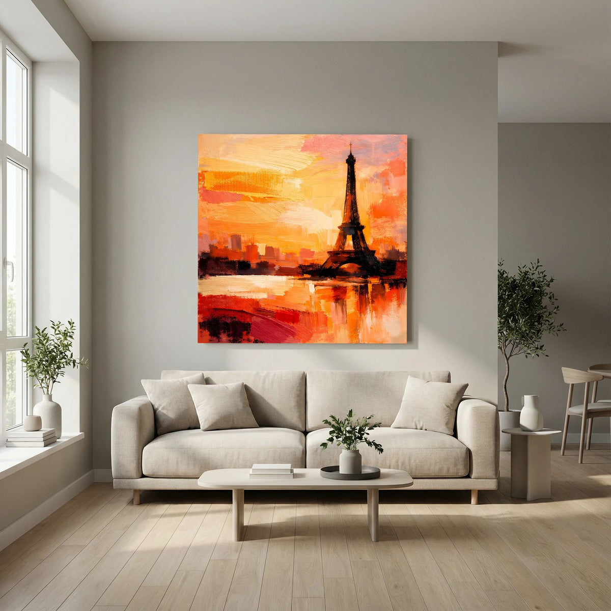 Leinwand Abstraktes Eiffelturm Paris Gemälde | Modernes Romantisches Wandbild Sonnenuntergang