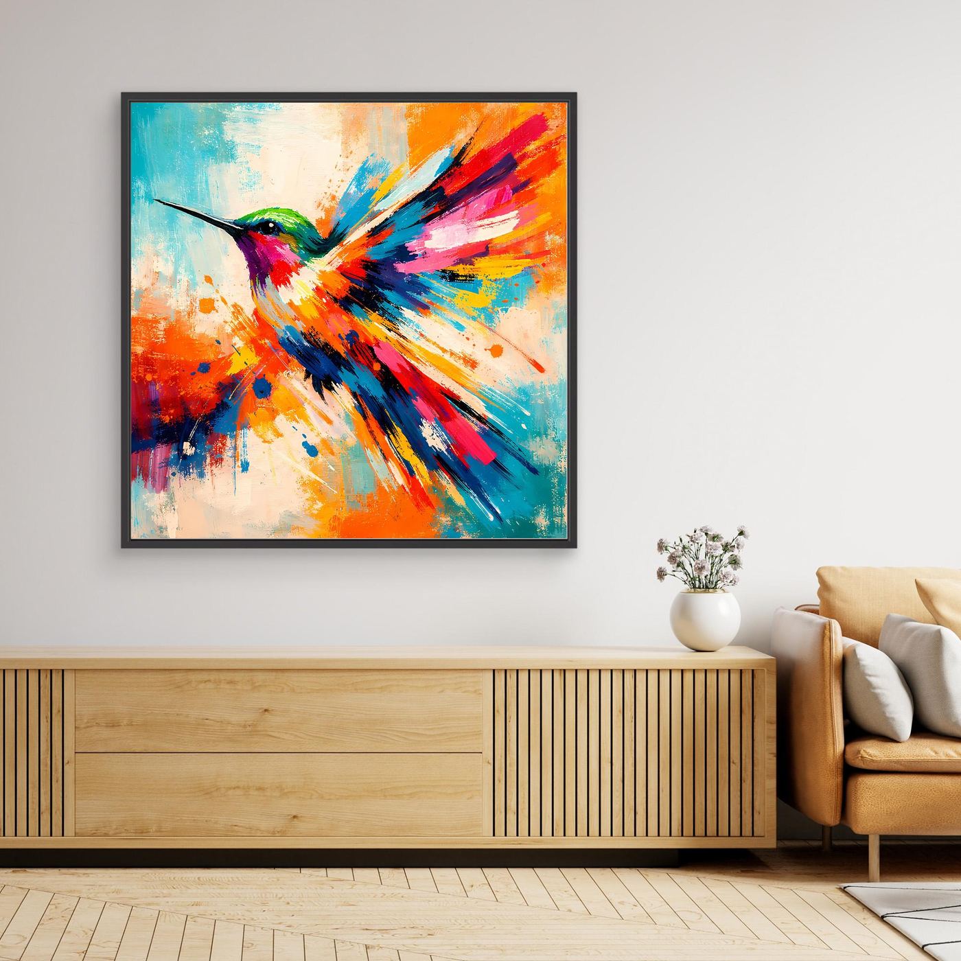Premium Leinwand Kolibri Farbexplosion | Abstraktes Wandbild Modernes Vogel Poster