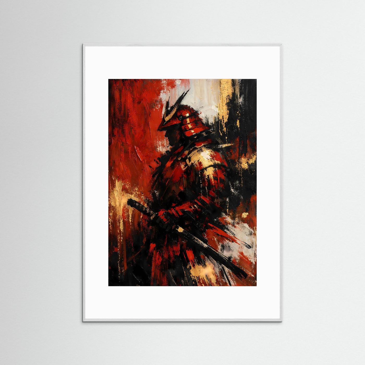 Samurai-Poster mit Kriegerhelm und Schwert, rot-schwarz, im weißen Rahmen