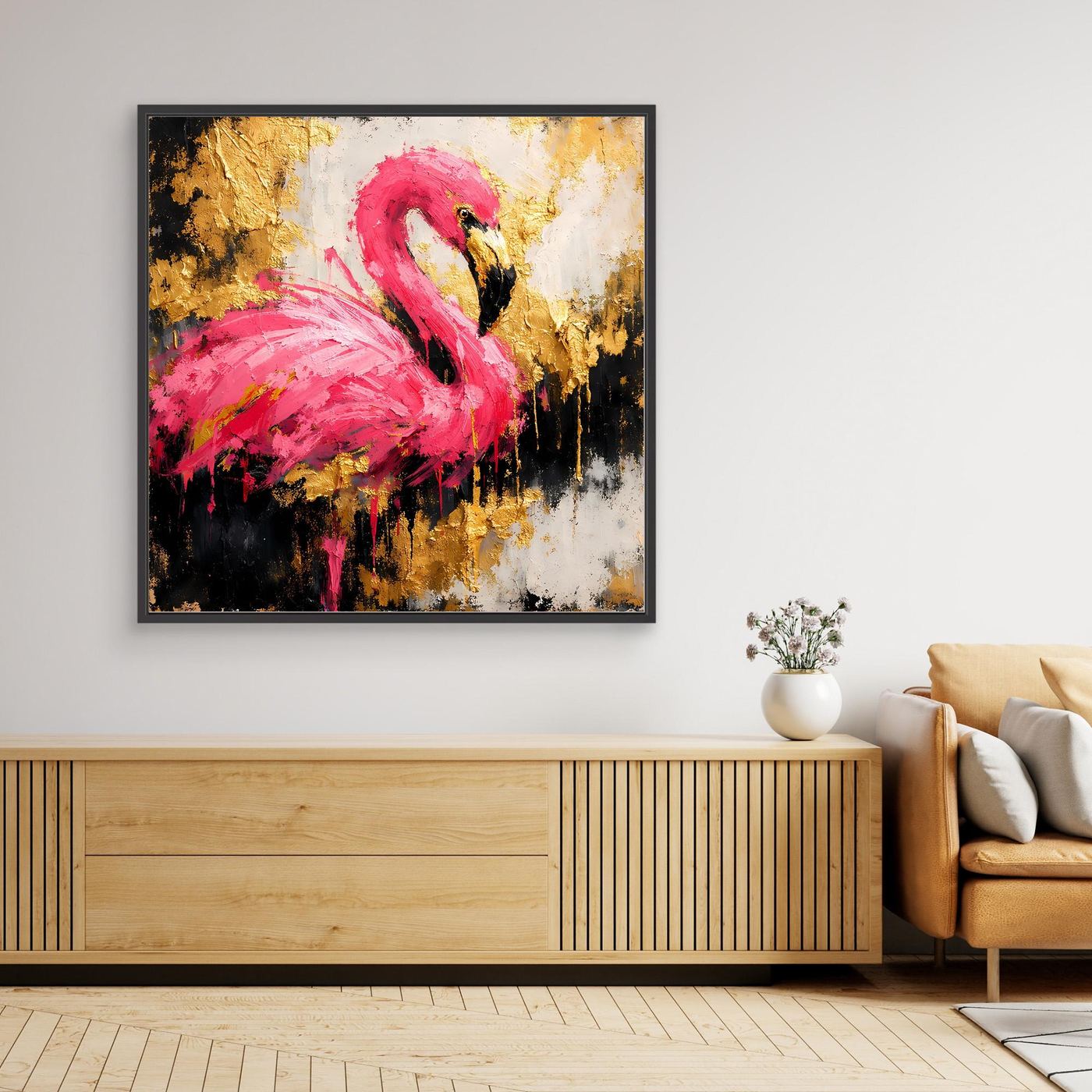 Leinwand Eleganter Flamingo in Pink und Gold | Abstraktes Modernes Tier Wandbild