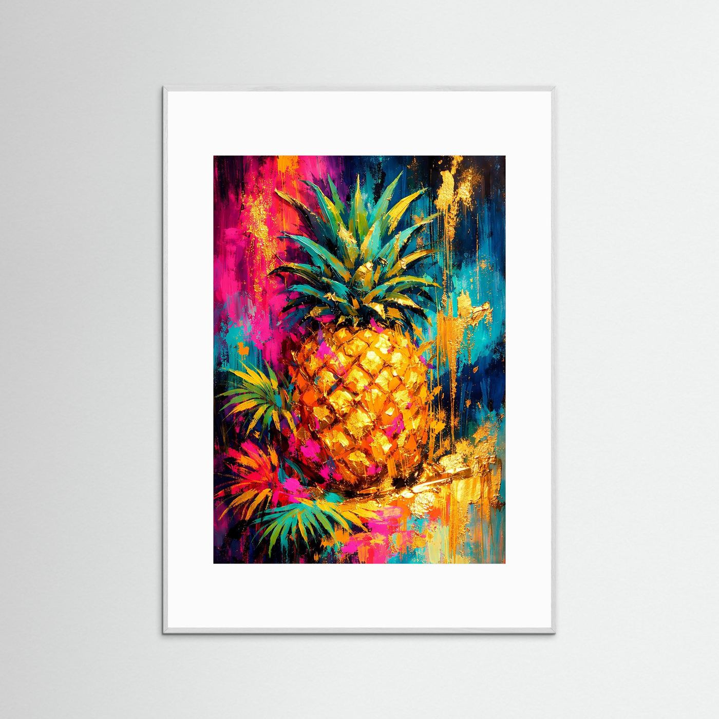 Kunstposter mit buntem Ananasmotiv, im weißen Holzrahmen
