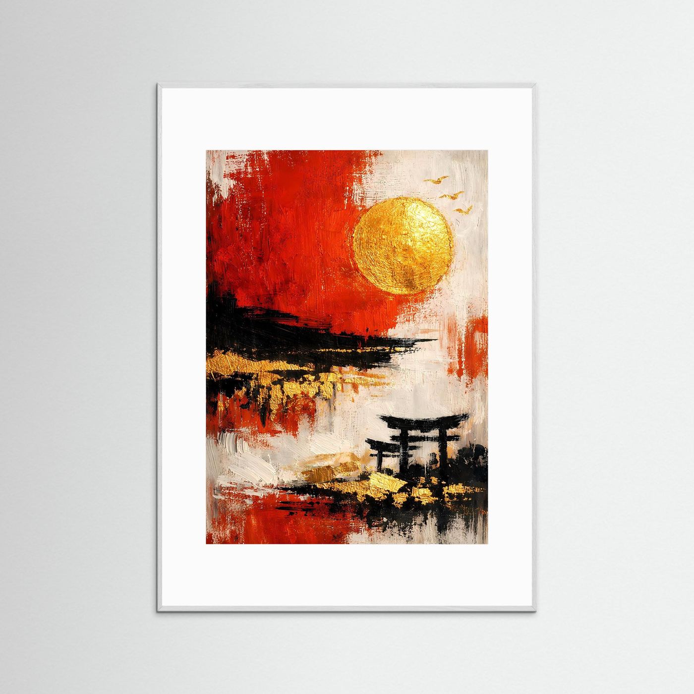 Gerahmtes Kunstposter mit Torii-Silhouette, tiefroter Farbfläche und goldener Kreis, silbergrauer Rahmen