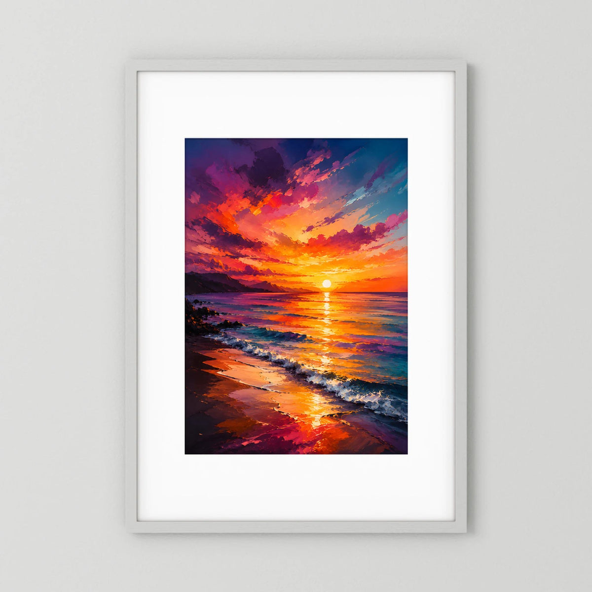 Hochformatiges Kunstposter mit Strand bei Sonnenuntergang, orange- und violettfarbene Küste