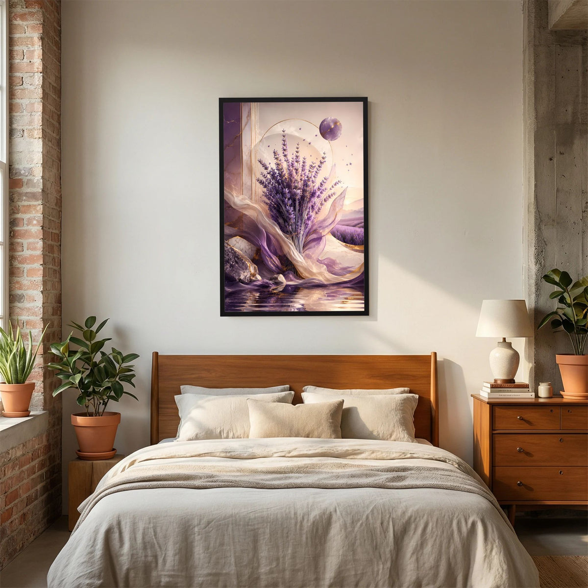 Poster im Hochformat mit schwarzem Rahmen und Lavendelstrauß im goldfarbenen Licht