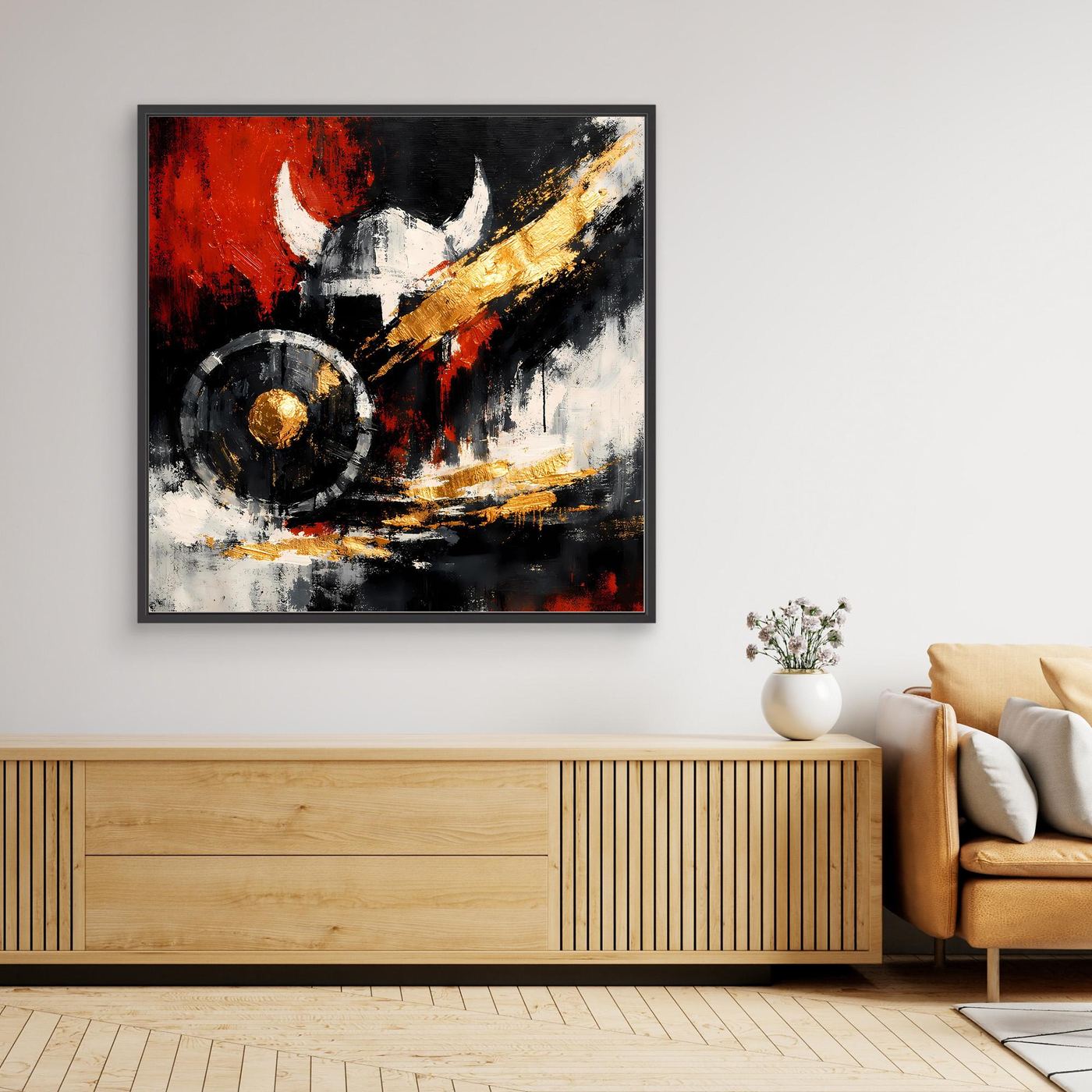 Gerahmtes Leinwand-Wandbild: abstrakter Wikingerhelm mit Schild, schwarzer Rahmen
