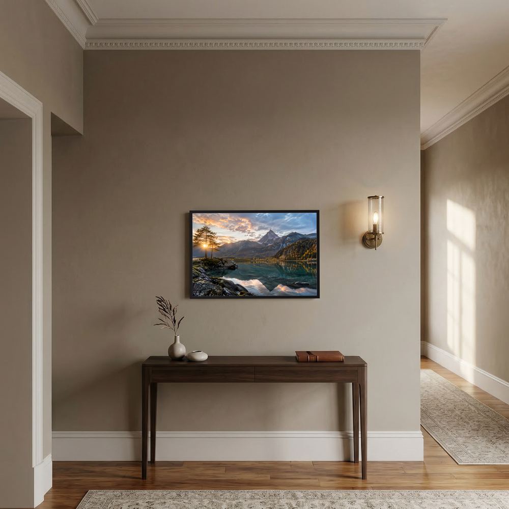 Querformat-Poster mit Alpenlandschaft und Spiegelung, goldene Abendstimmung