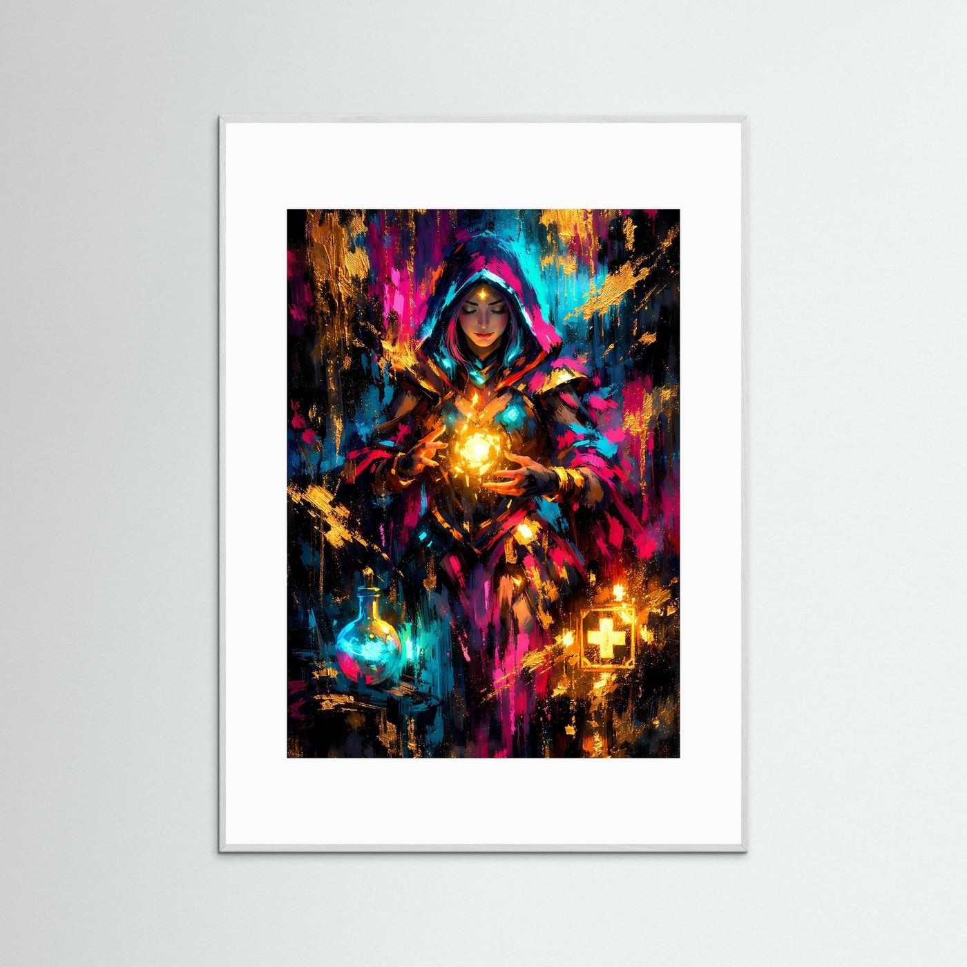 Gerahmtes Poster (Hochformat): Zauberin in abstrakter Fantasy, Teal, Pink, Gold, silberner Rahmen
