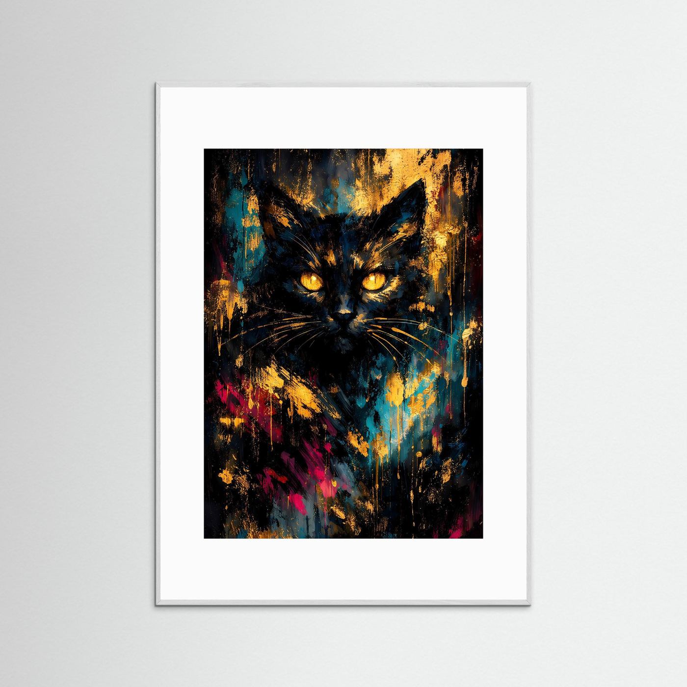 Katzen-Poster mit abstraktem Katzengesicht, silbergrauer Rahmen und Farbspritzer