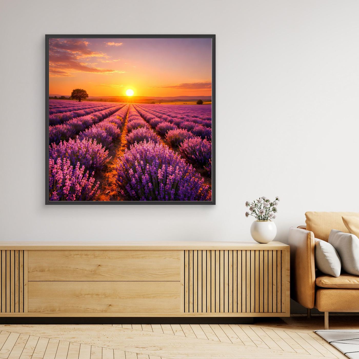 Leinwandbild mit Lavendelfeld und Sonnenuntergang, schwarzer Rahmen