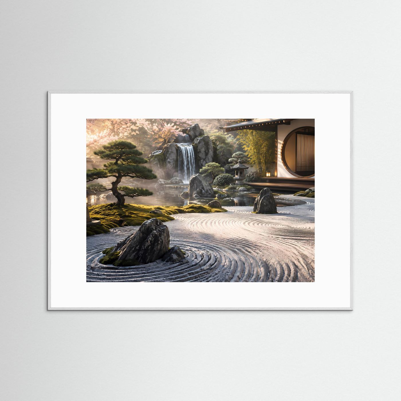 Japanischer Zen Garten Poster | Asiatischer Garten mit Wasserfall | Japan Landschaft Wandbild | Meditationskunst | Moderne Premium Leinwand