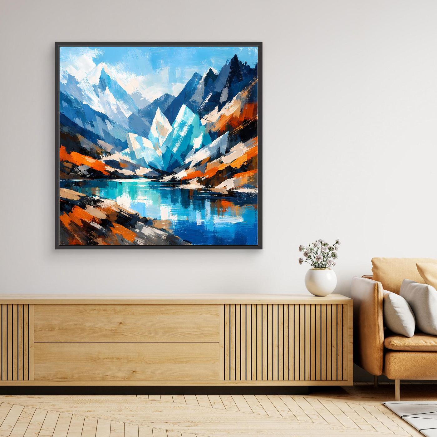Abstraktes Wandbild: blauer Gletschersee mit Berglandschaft, rechteckiger schwarzer Rahmen