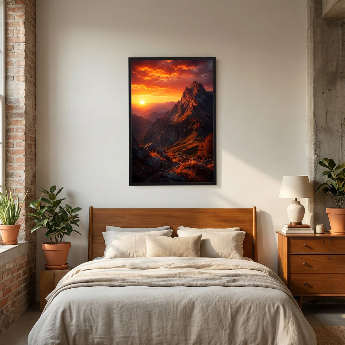 Poster im Hochformat mit Berglandschaft im Sonnenuntergang, orangefarbene Gipfel, schwarzer Rahmen