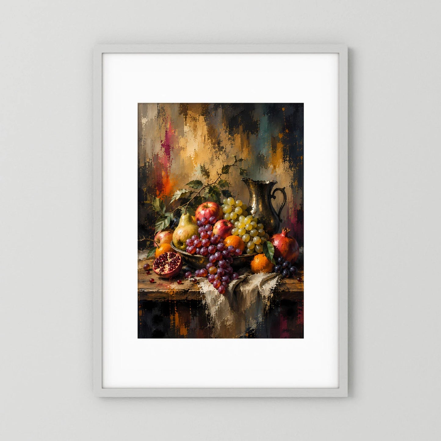 Gerahmtes Kunstposter im Hochformat mit Trauben, Granatapfel und Äpfeln im Stillleben