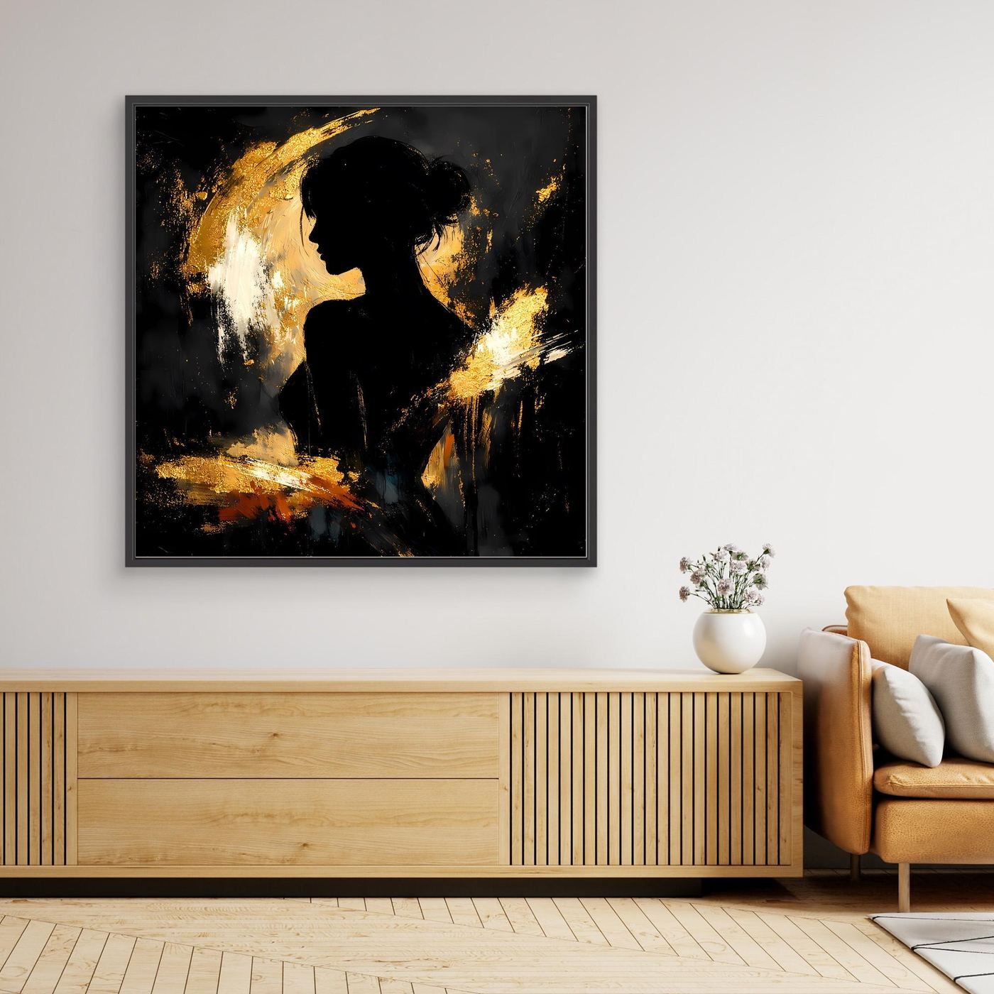 Leinwand Elegante Silhouette in Gold und Schwarz | Modernes Abstraktes Frauen Portrait Wandbild