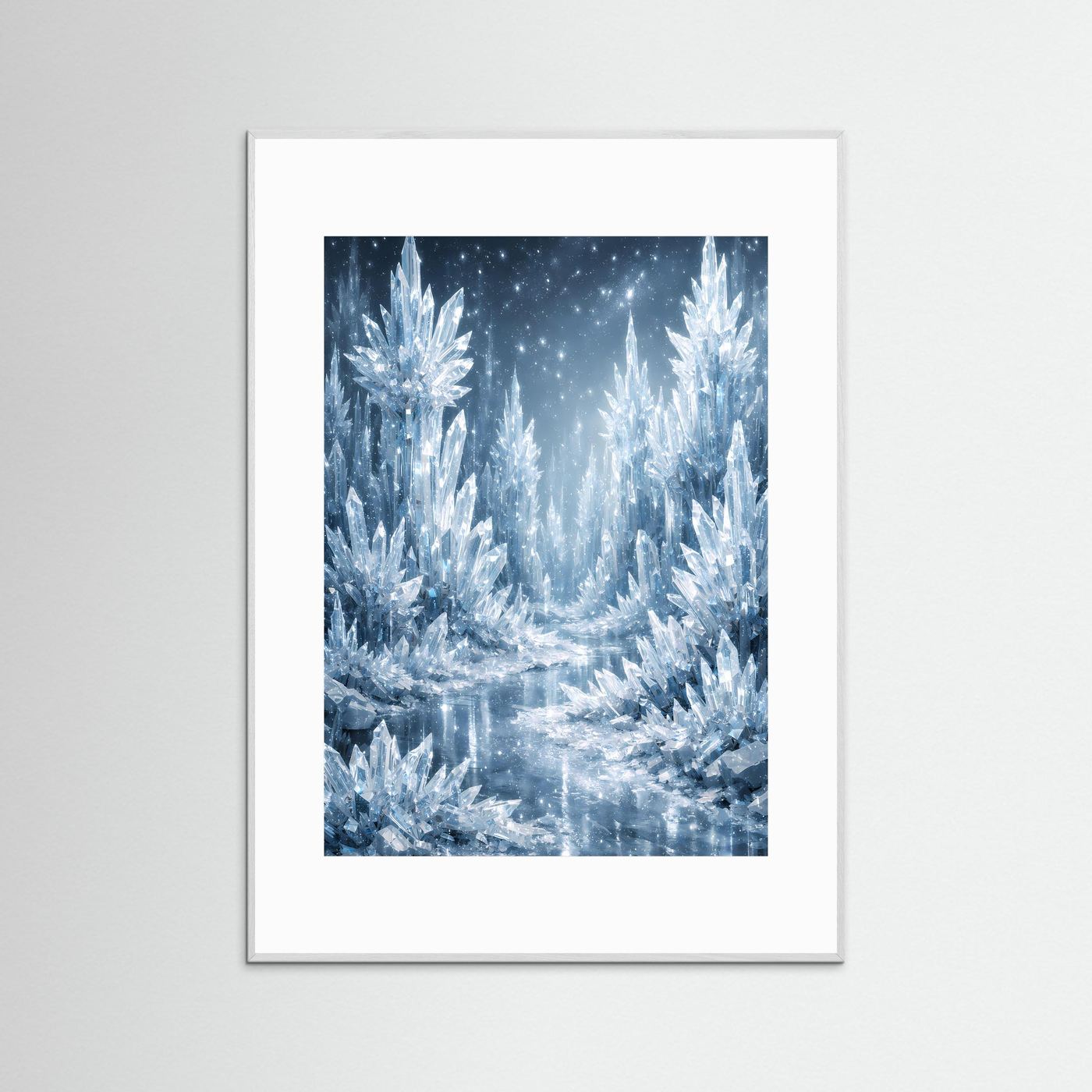 Eiskristall-Fantasyposter im Hochformat, hellgraue Rahmenleiste, silberweiße Eisornamente