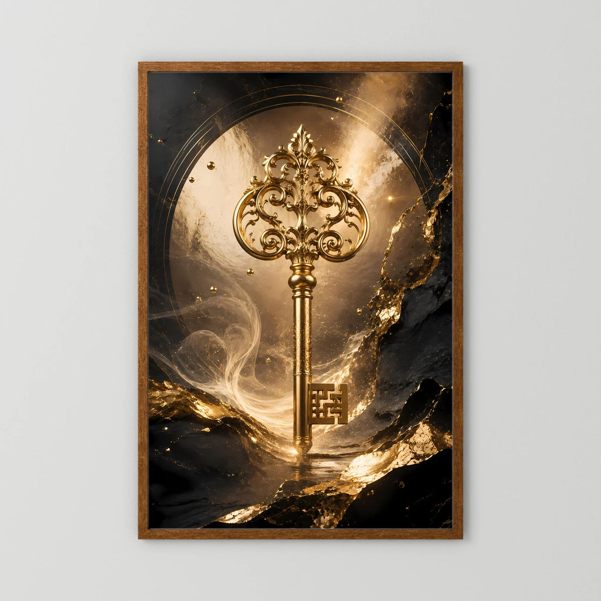 Gerahmtes Kunstposter mit goldfarbenem Zierschlüssel und Kreisornamenten