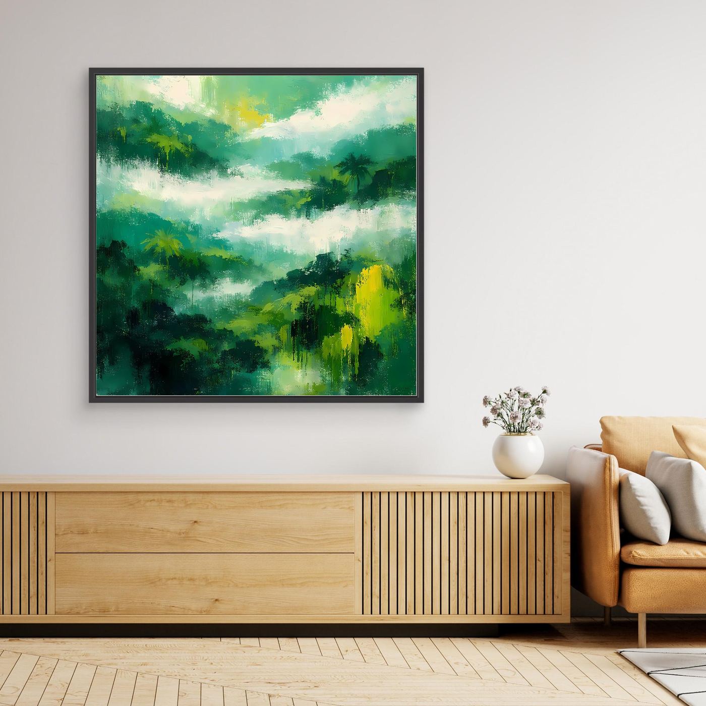 Wandbild Leinwand mit abstraktem Dschungelmotiv, schwarz gerahmt, Grün- und Nebelverlauf