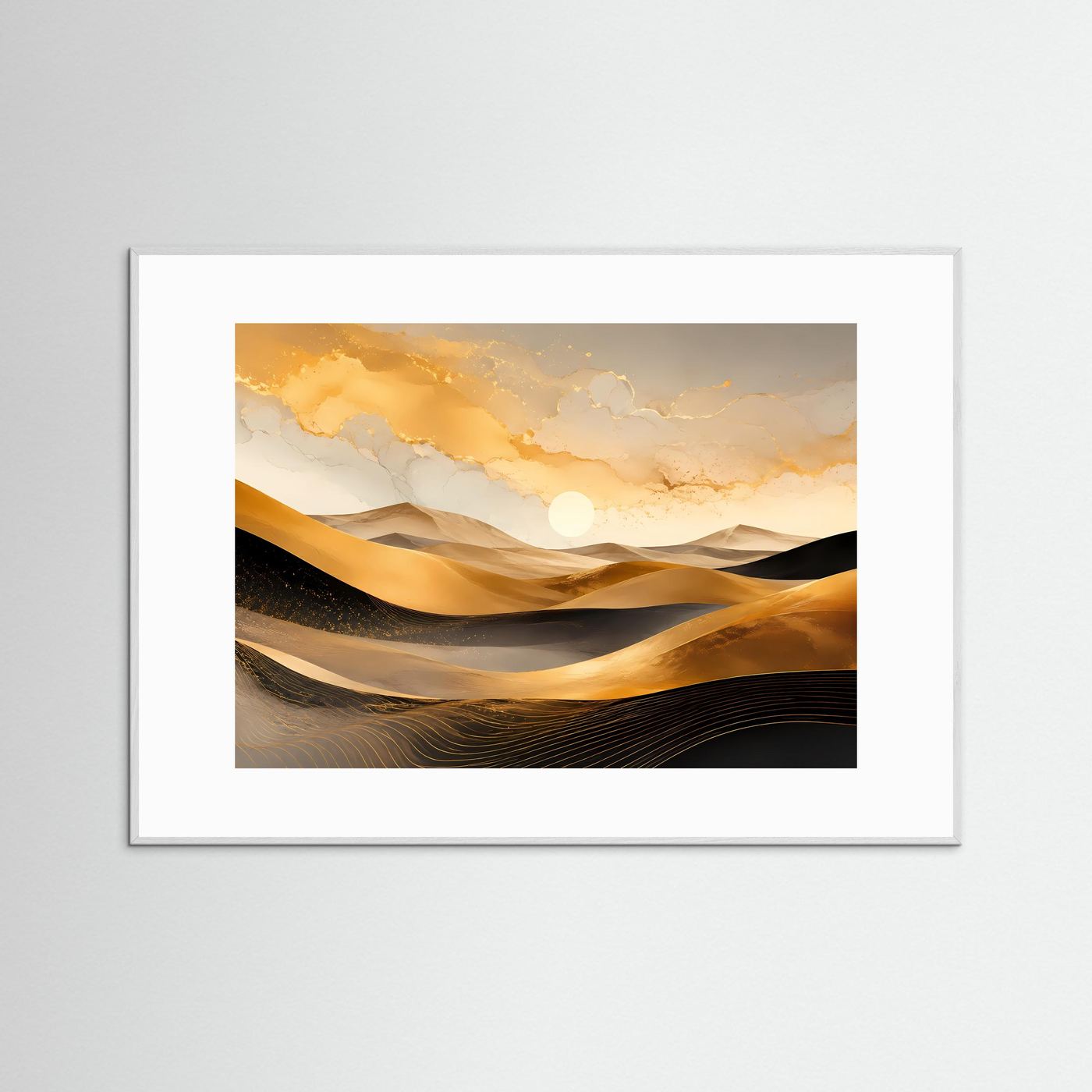 Goldene Wüstendünen Poster | Luxuriöse Minimalistische Wüstenlandschaft in Schwarz Gold Querformat