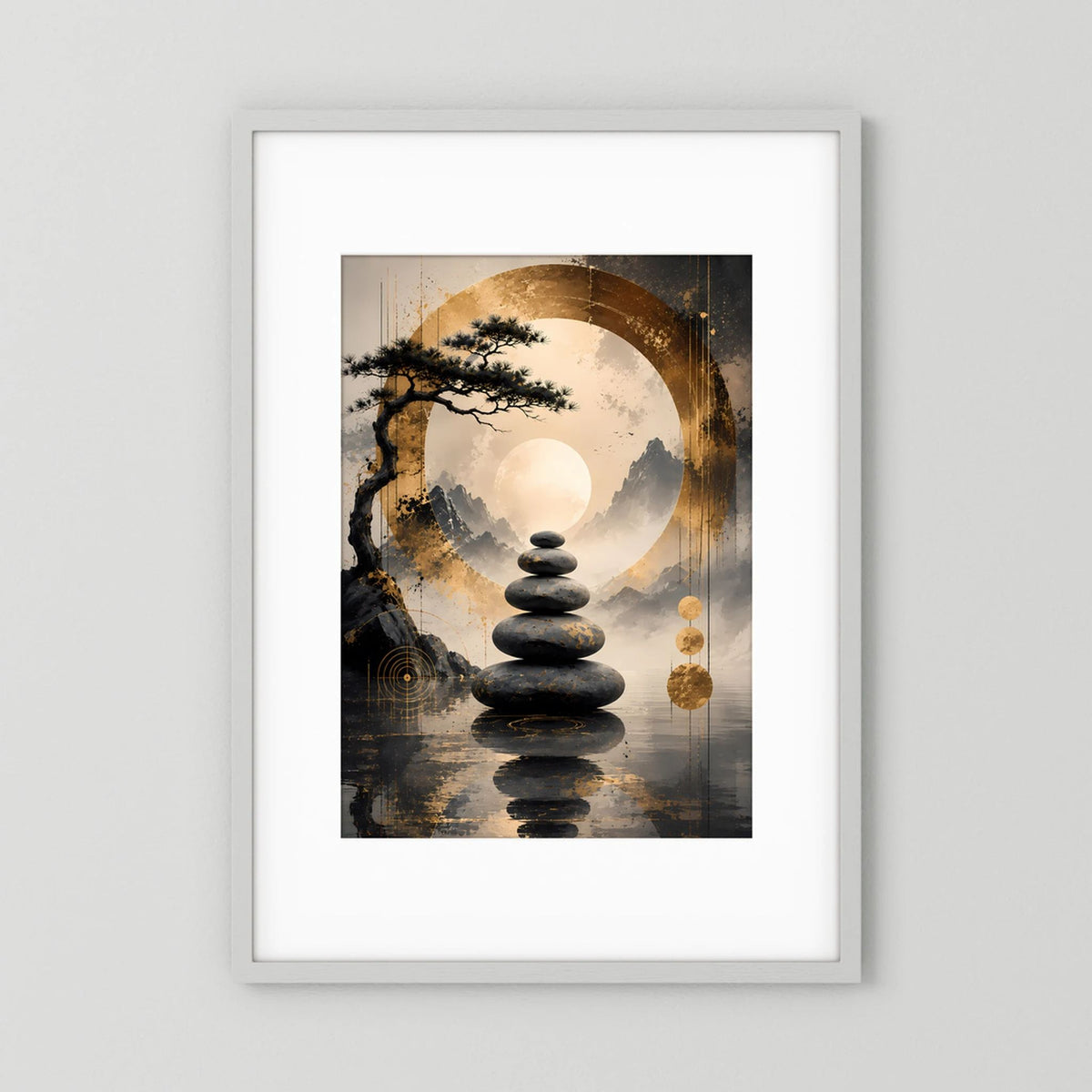 Hochformatiger Poster mit Zen-Szene: Stapel dunkler Steine, Baum und runde Sonne im Kreis