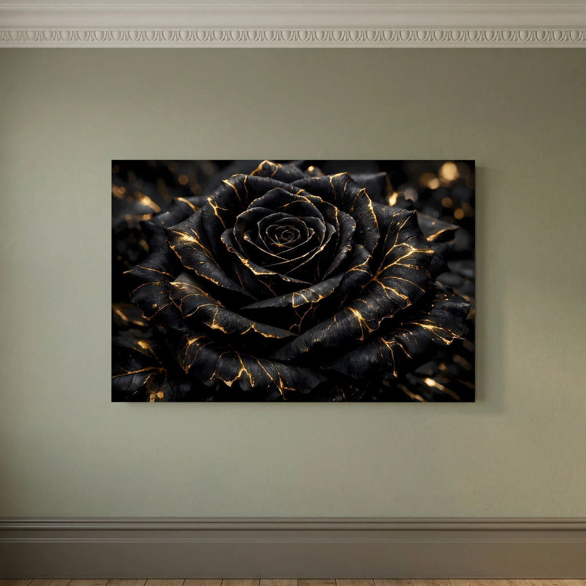 Wandbild mit schwarzer Rose und goldenen Adern im rechteckigen Rahmen