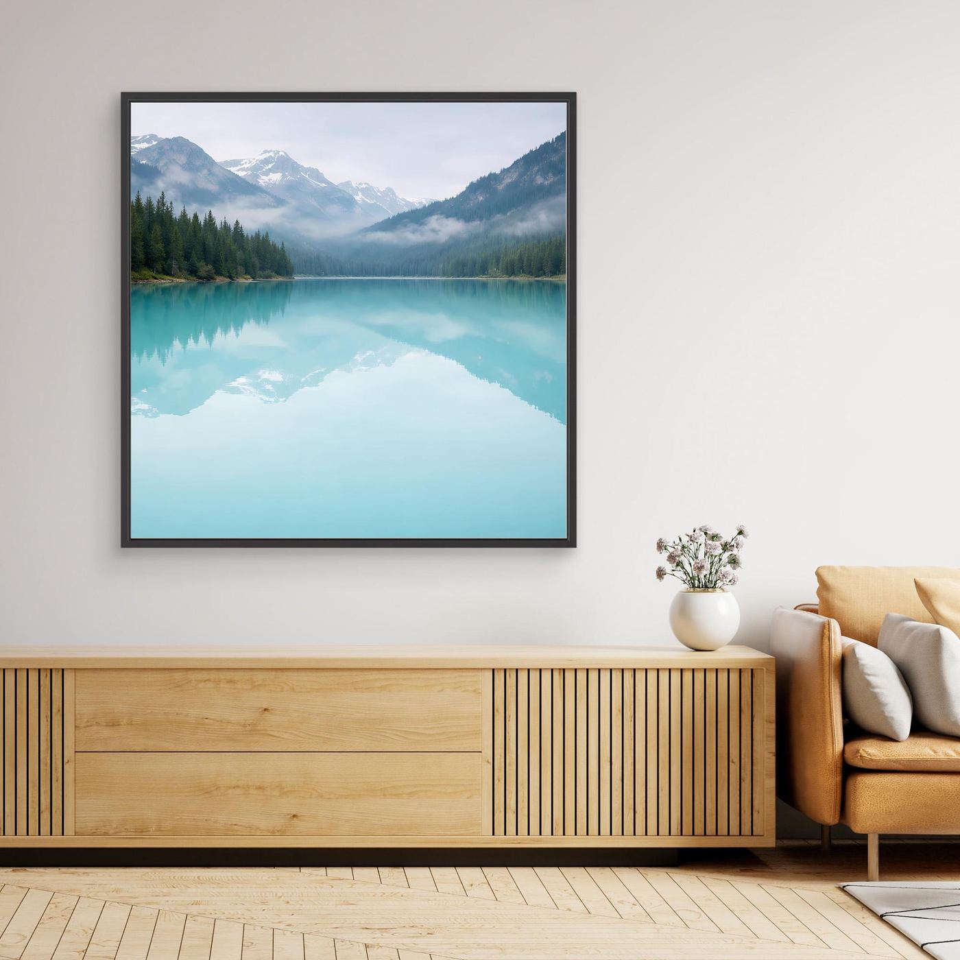 Leinwandbild Bergsee mit Spiegelung, türkises Wasser, schwarzer Rahmen