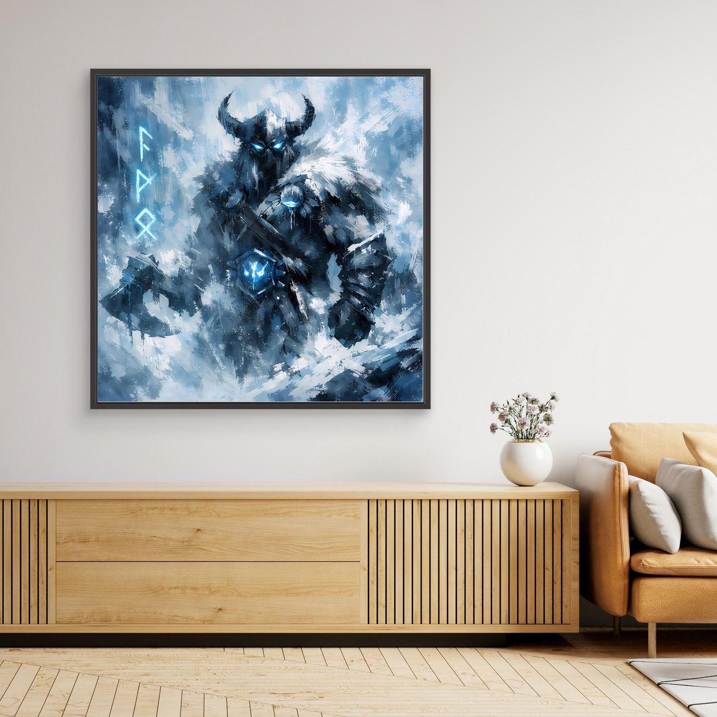 Wandbild mit blauem nordischem Krieger, schwarzem Rahmen, abstraktes Eis-Design