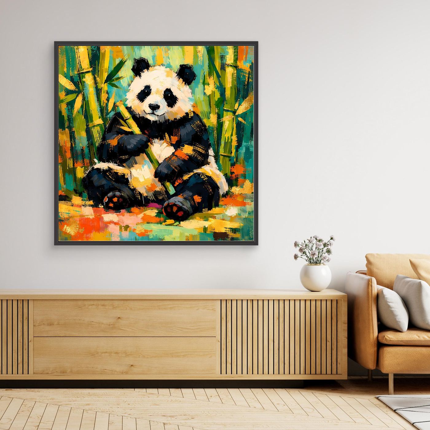 Schwarz gerahmtes Leinwandbild mit Panda-Illustration im Bambuswald, farbenfroh