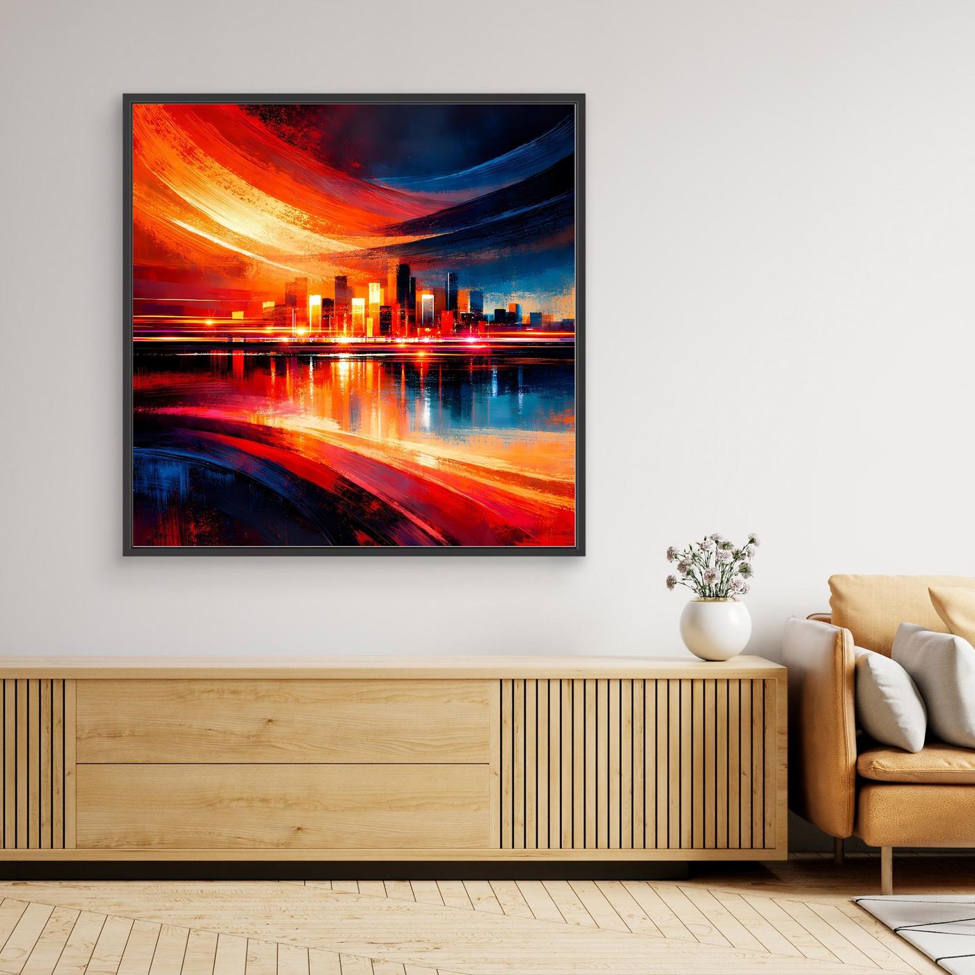 Leinwandbild abstrakte Stadt-Skyline mit Reflexionen, rotes und blaues Licht, schwarzer Rahmen