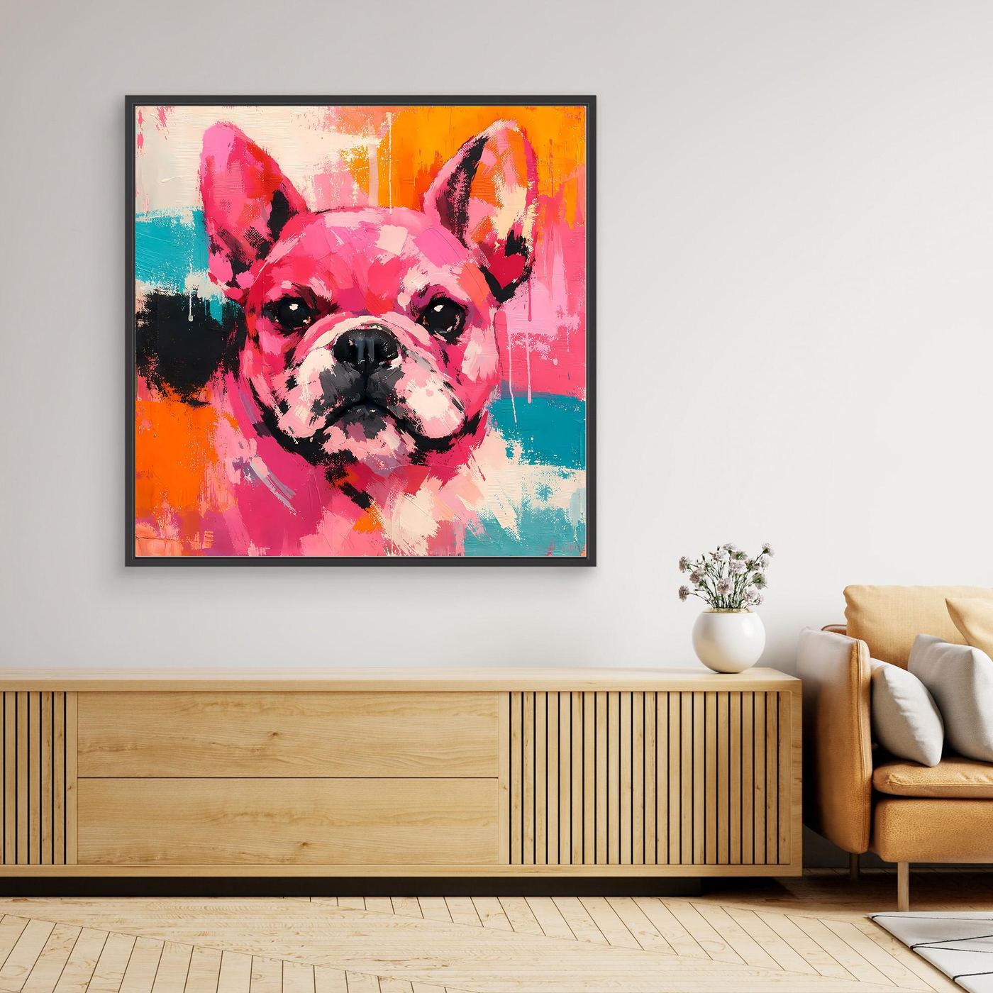 Framed canvas wall art of abstract French bulldog, colorful strokes, black frame