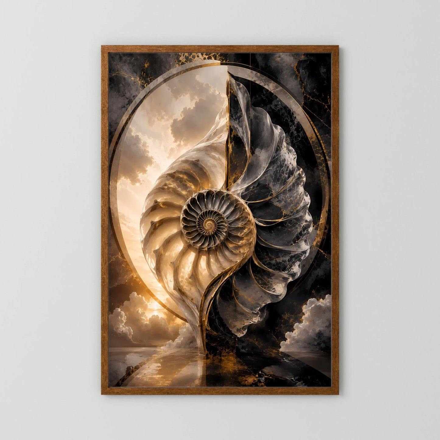 Kunstposter mit abstrakter Spiralmuschel in Schwarz, Weiß und Gold, brauner Holzrahmen