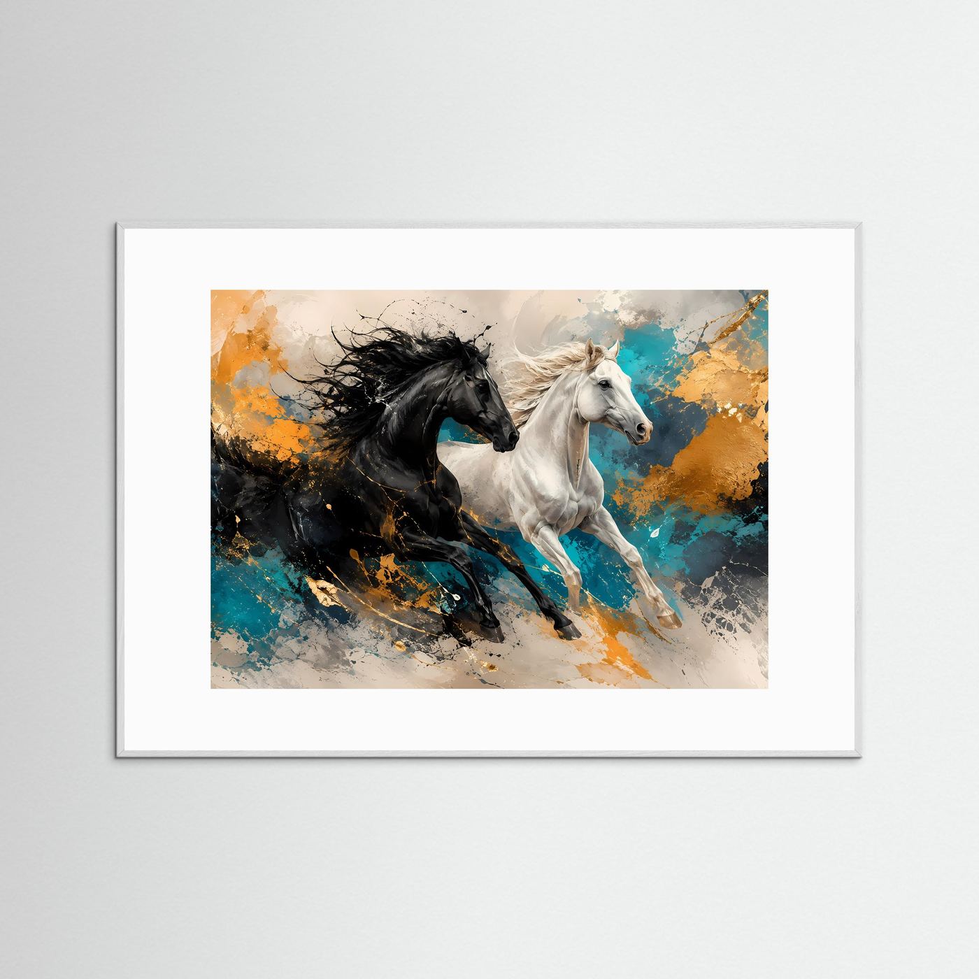Dynamik in Perfektion | Abstraktes Pferde & Galopp Poster mit Gold- und Ozean-Akzenten