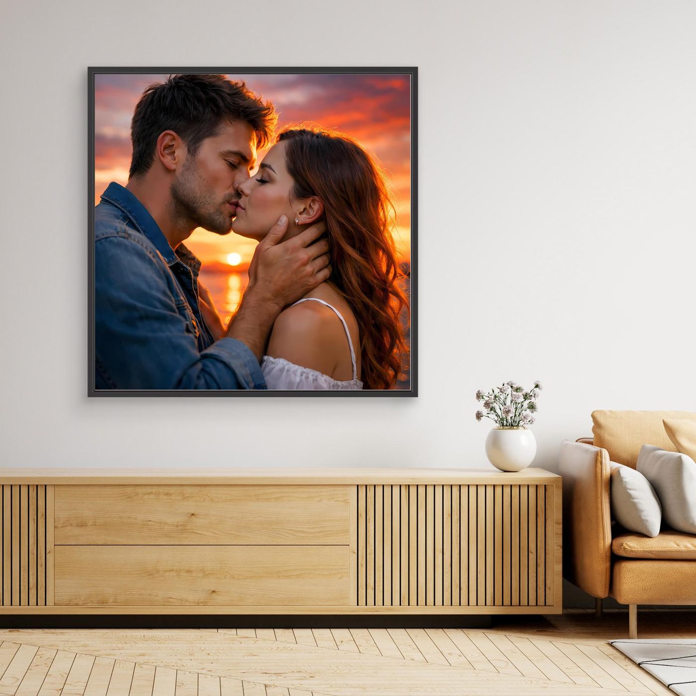 Leinwand Romantischer Kuss im Abendrot | Sinnliches Paar Wandbild
