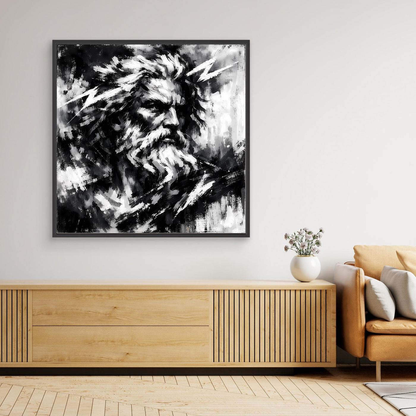 Black-and-white abstract Zeus wall art, bearded profile, dark frame