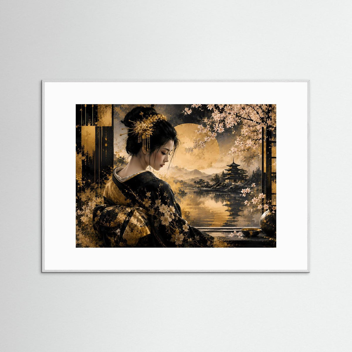 Wandbild mit Geisha: schwarzer Kimono, Kirschblüten, Pagode am See, Querformat, weißer Rahmen