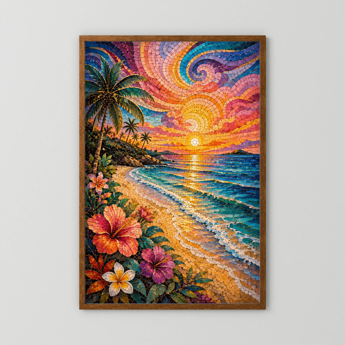 Tropischer Strand im Sonnenuntergang | Farbenfrohes Mosaik mit Palmen & Hibiskus | Poster Hochformat