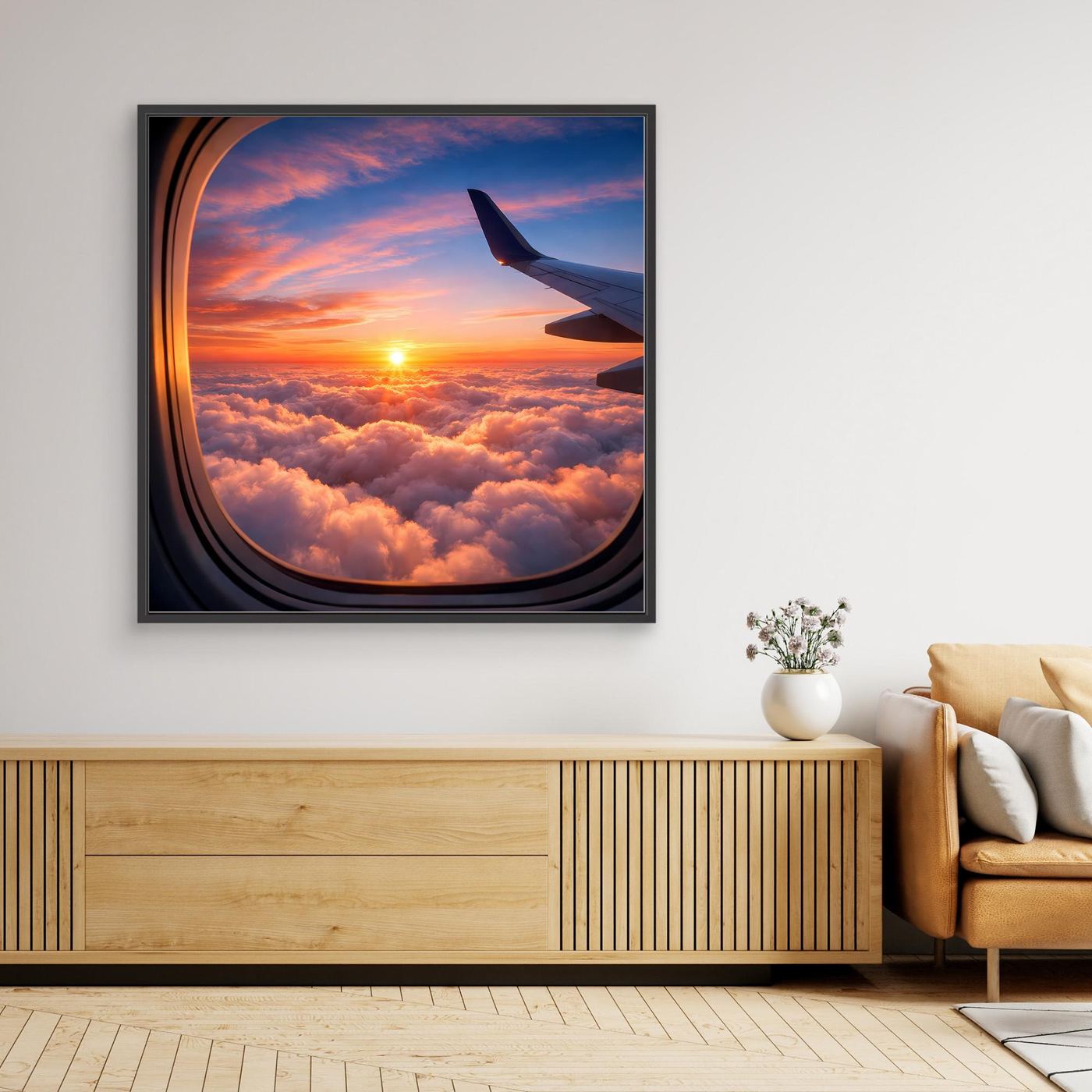 Leinwandbild: Flugzeugfenster über Wolken mit Sonnenuntergang, schwarzer Rahmen