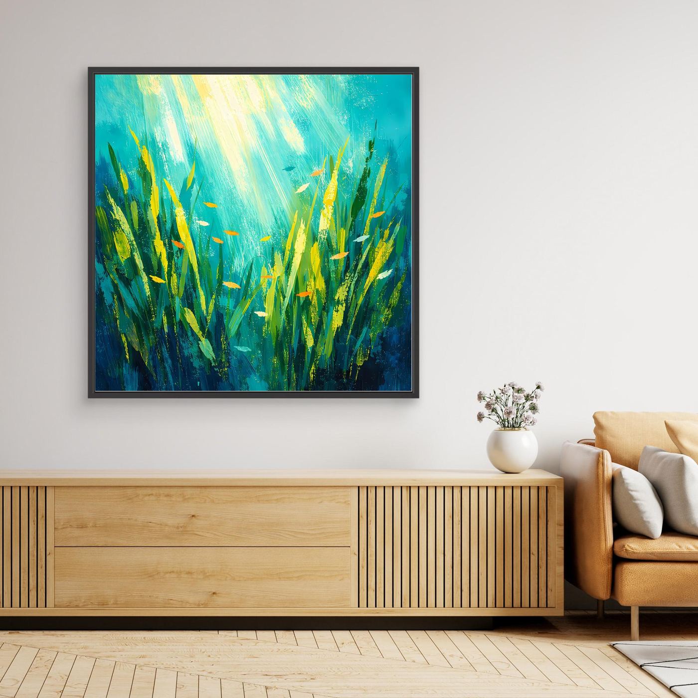 Leinwand Lichtdurchfluteter Algenwald unter Wasser | Abstraktes Ozean Wandbild